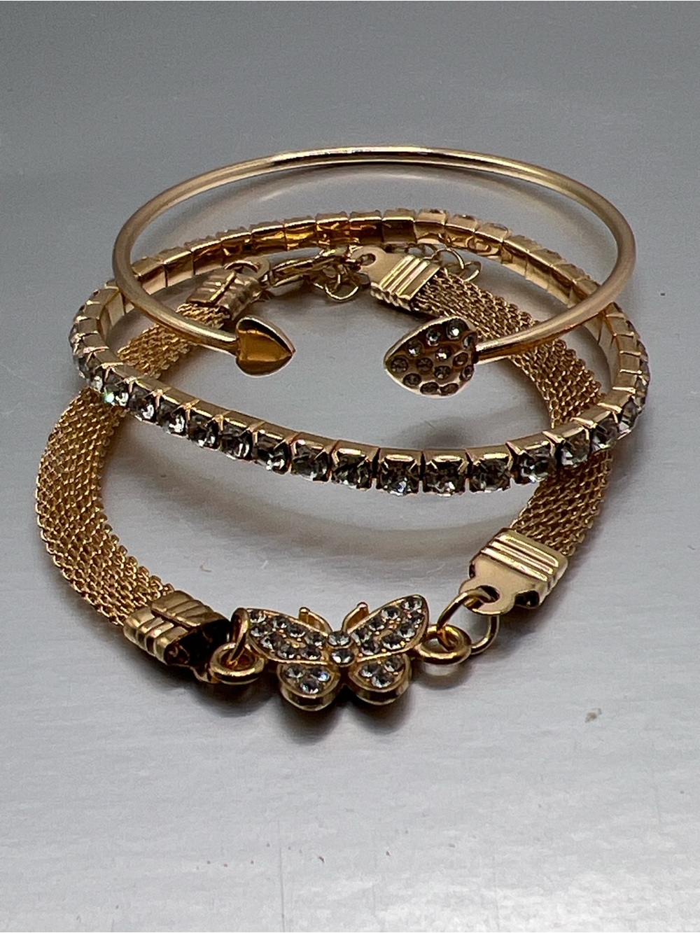 Gold Crystal Butterfly & Heart Stackable Bracelet Set
